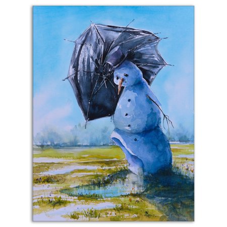 DESIGN ART Designart 'Sad Snowman' Landscapes Painting Print on Wrapped Canvas - Blue