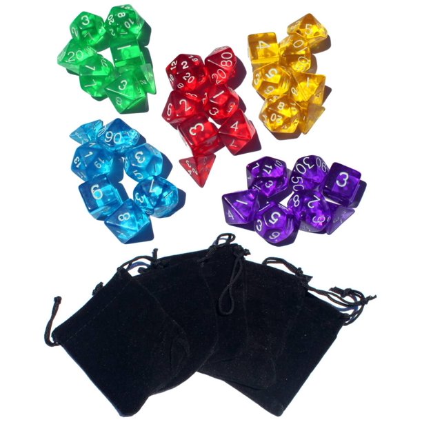 35 Polyhedral Dice | Translucent | 5 Complete Sets of RPG Dice | With 5 Free Dice Bags
