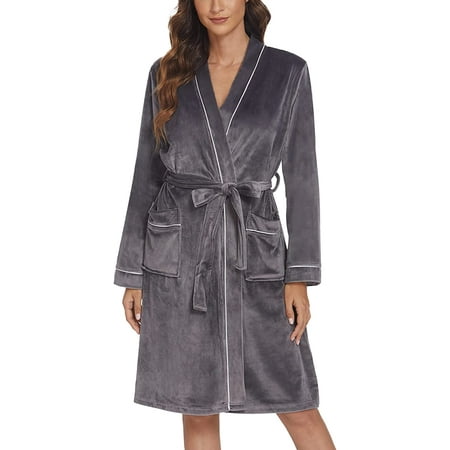 Womens Fleece Bathrobe Lightweight Kimono Robes Knee Length Soft Sleepwear Ladies Loungewear S-XXL