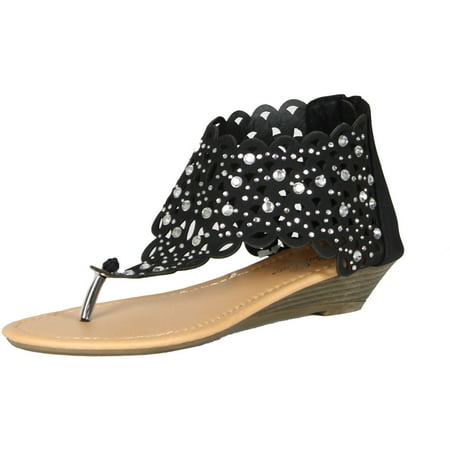 Luo Luo Womens Wedge Heel Sandals Rhinestone Embellished Thongs Black 8