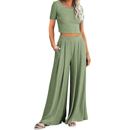 Yskkt Womens Outfits Sets Ribbed Crop Top Short Sleeve Crewneck Palazzo Pants Loose Sweatsuit Knit 2 Piece Pajamas S-2XL
Yskkt Womens Outfits Sets Ribbed Crop Top Short Sleeve Crewneck Palazzo Pants Loose Sweatsuit Knit 2 Piece Pajamas S-2XL