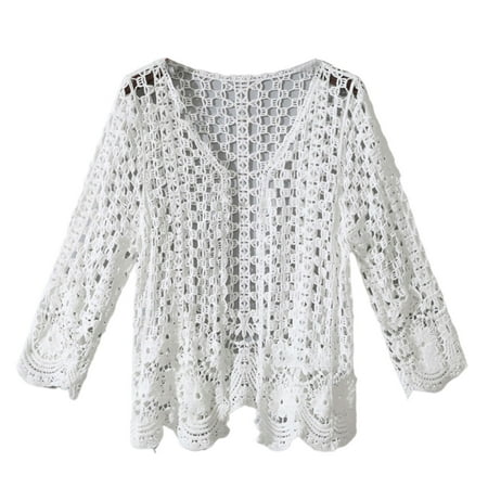 

TINYSOME Women Spring Long Sleeve Cardigan Hollow Out Crochet Knit Floral Sweater Cover Up Open Front Scalloped Hem Mesh Net Sunscreen Shrug Coat Beachwear