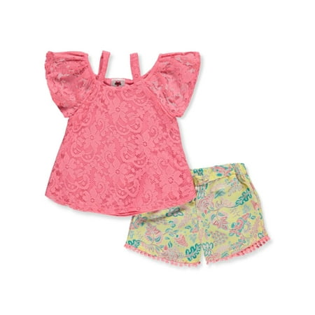 RMLA Girls 2-Piece Tropical Shorts Set Outfit - coral 4t (Toddler)