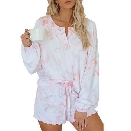 Lookwoild Women Pajama Set Tie-Dye Long Sleeve Top Ruffled Shorts Loungewear
