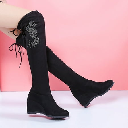 Zedker Womens Platform Boots Tall Boots Women Womens Retro Knee High Boots High Heel Shoes Boot Round Head Bandage Shoes