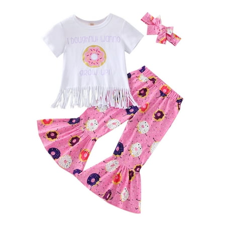 TheFound Toddler Baby Girls 3PCS Outfits Letter Doughnut Print Short Sleeve Tassel Tops Flared Pants Headband Clothes
TheFound Toddler Baby Girls 3PCS Outfits Letter Doughnut Print Short Sleeve Tassel Tops Flared Pants Headband Clothes