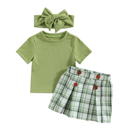 Baby Girls Skirt Set Short Sleeve Crew Neck T-shirt with Plaid Skirt and Hairband Summer Outfit