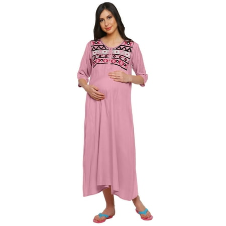 Moomaya Womens Maternity Embroidered Maxi Dress With Button Placket Clothing