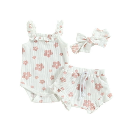 Arvbitana Baby Girls Romper Set Sleeveless Floral Print Ruffle Bodysuit + Elastic Waist Shorts + Headband Summer Waffle Knit Outfits 3Pcs 0-18M
Arvbitana Baby Girls Romper Set Sleeveless Floral Print Ruffle Bodysuit + Elastic Waist Shorts + Headband Summer Waffle Knit Outfits 3Pcs 0-18M