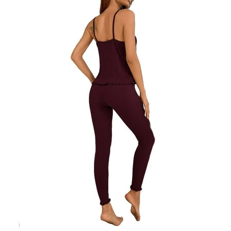 Womens Pajama Sets Lettuce Trim Spaghetti Strap Sleepwear Maroon M