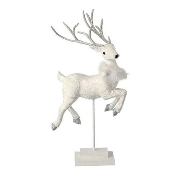 19" Snowy Time Glittered White Prancing Fawn Deer Left Facing on Stand Christmas Table Top Figure