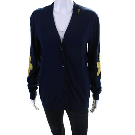 Marni Womens Flower Patch Virgin Wool Cardigan Navy Blue Size 40