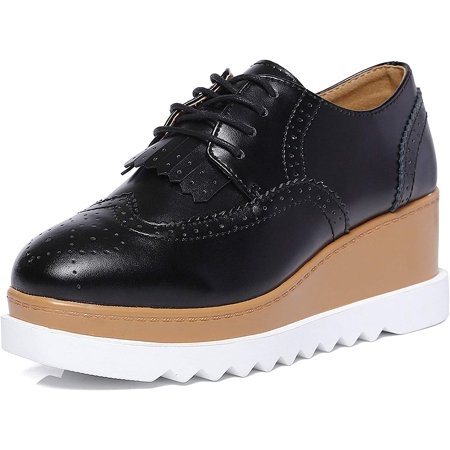 Women s Fashion Tassels Square-Toe Lace-up Platform Wedge Oxford Shoes