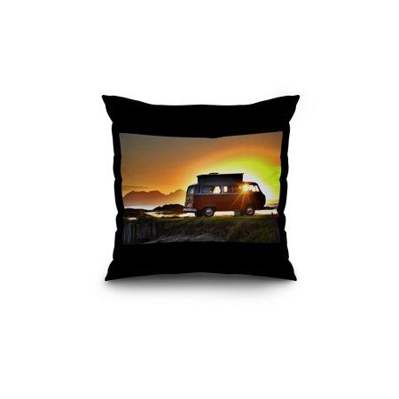 Coastal Scene - Retro Camper Van Van at Sunset - Lantern Press Photography (18x18 Spun Polyester Pillow, Black Border)