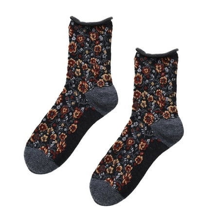 BOTANY Harajuku Flower Silk Calf Mid Length Socks Adult Pile Heap Socks (Black)