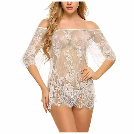 

QWERTYU Sexy Lingerie for Women Lace Babydoll Nightgown Floral Chemise Short Sleeve with Thong Teddy White S
