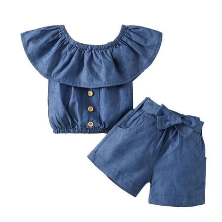 Toddler Kids Baby Girls Off Shoulder Short T Shirt Tops Denim Bow Shorts 2PCS Outfits Clothes Set
Toddler Kids Baby Girls Off Shoulder Short T Shirt Tops Denim Bow Shorts 2PCS Outfits Clothes Set