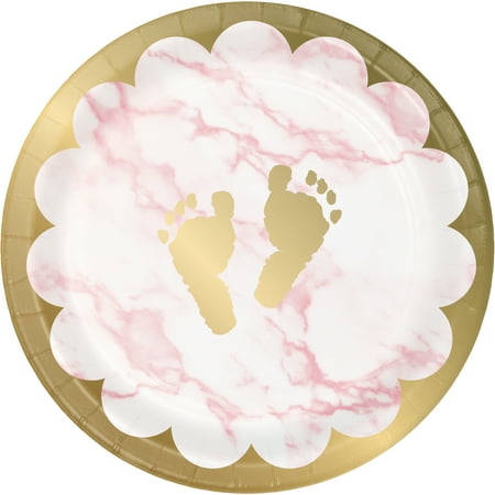 Pink Marble Baby Shower Footprints Dessert Plates 24 Count