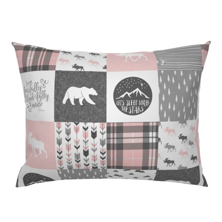 Moose Woodland Patchwork Wholecloth Trees Pink And Grey Pillow Sham by Roostery