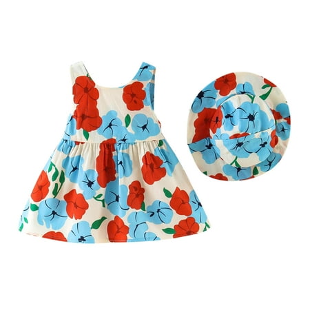 

Wiueurtly Baby Girls 6M-3Y Sleeveless Bowknot Floral Printed Suspenders Princess Dress Hat Set Animal Print Dress Girls