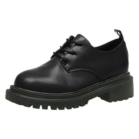 Cathalem Ladies Fashion Solid Color Leather Lace Up Single Shoes Thick Heel Casual Leather Shoes Black 38