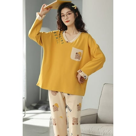 QWZNDZGR Autumn 100% Cotton Pajama Sets Women Pyjamas Cartoon Plaid Sleepwear Loungewear Pijama Mujer 2XL Night suits Homewear Fashion