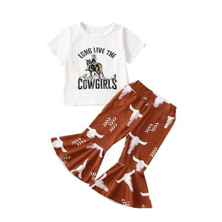 Genuiskids Toddler Girls Summer Outfits Cowgirl Print Short Sleeve T-shirt and Bull Head Print Elastic Casual Flare Pants Set
Genuiskids Toddler Girls Summer Outfits Cowgirl Print Short Sleeve T-shirt and Bull Head Print Elastic Casual Flare Pants Set