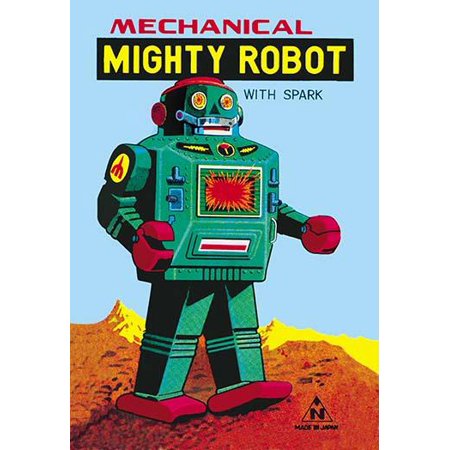 1960s tin toy box artwork made for Noguchi for the Mechanical Mighty Robot with Spark The robot was tinplate clockwork model is metallic green with tinprinted details sparking action to red plastic c