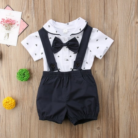 Baby Boys Girls Gentleman Clothes Set Bow Tie Button Short Sleeve Shirt Suspender Pants Shorts Overalls 2Pcs