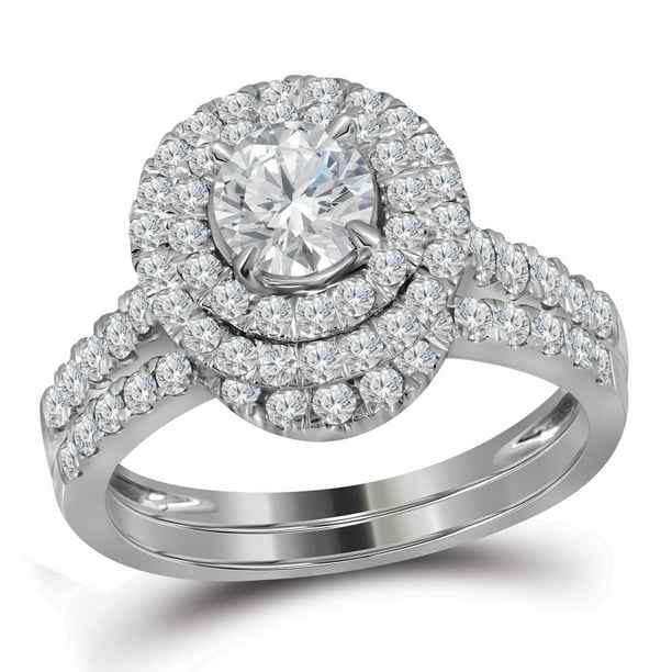 14k White Gold Womens Certified Round Diamond Double Halo Bridal Wedding Engagement Ring Set 1-3/4 Cttw