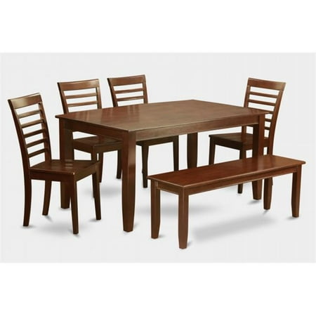 East West Furniture DUML6D-MAH-W 6 Pc Dudley Dining Table 36x60in with 4 Ladder Back Wood Chairs and 52-in Long Bench