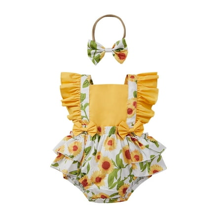 

Infant Baby Girl Summer Outfit Set Ruffle Sleeve Ribbed Knit T-Shirt Floral Suspender Shorts Headband 3Pcs Summer Outfit Set