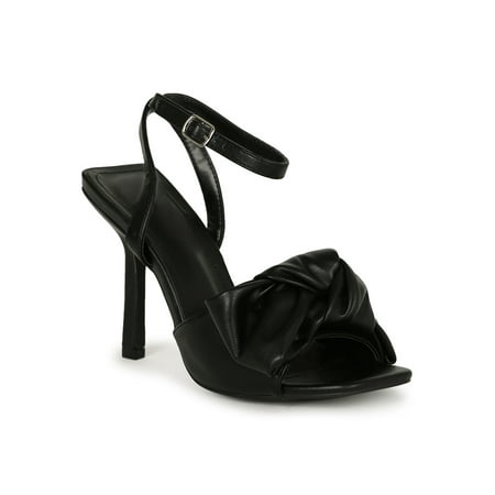 Lady Godiva Double Square Open Toe Bow Ankle Strap Heel (Black Leatherette )