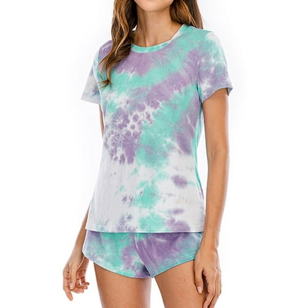 Women Tie-Dyed Short Sleeve Elastic Waist Pajama Set