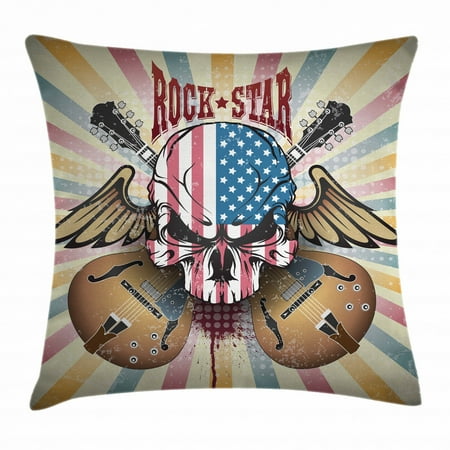 Guitar Throw Pillow Cushion Cover, Retro Style Composition Angry Skull American Flag Pattern Wings Electric Guitars, Decorative Square Accent Pillow Case, 18 X 18 Inches, Multicolor, by Ambesonne