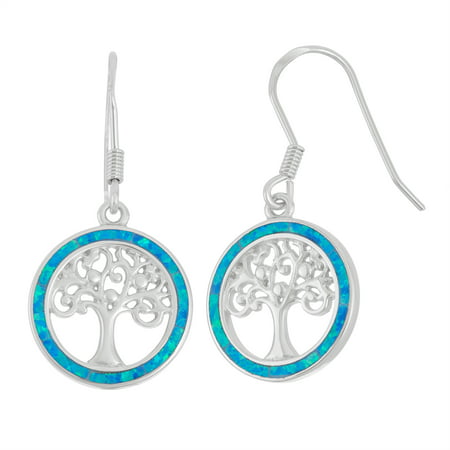 Beaux Bijoux Sterling Silver Blue Opal Tree of Life Circle Dangle Earrings (Multiple colors available)