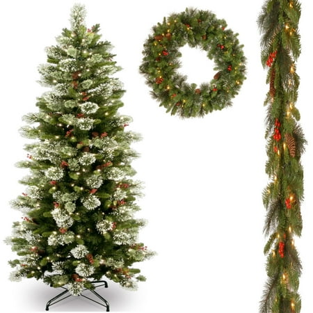 7 1/2' Wintry Pine Slim Hinged Tree with 9' x 10" Crestwood Spruce Garland and 30" Crestwood Spruce Wreath includes LEDs & Clear Lights