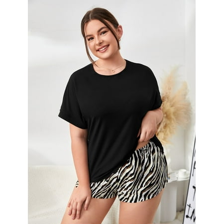 

Women s Plus Solid Tee Zebra Print Pajama Set 1XL(14) Black and White Casual F22001D