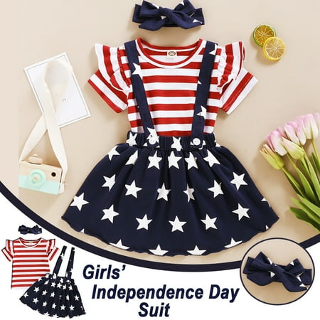 BadyminCSL Toddler Kid Girl Clothes Independence Day Tops Strap Skirt Clothes Headband Set