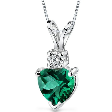 Peora 0.75 Ct Heart Shape Created Emerald 14K White Gold Pendant with Diamond Accent, 18