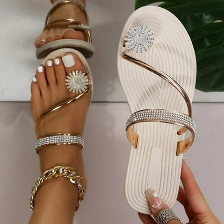 

Aayomet Sandals for Women Women Girls Pearl Set Toe Elastic Sandals Flat Strap Casual Home Sandals Slippers Beach Slippers Gold 8