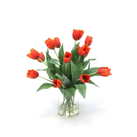 Unisex Waterlook-R Red & Orange Tulips in Glass - Green