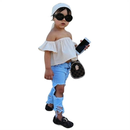 goowrom Toddler Girls Jeans Set Off Sloulder Top Ruffle Blouse + Blue Ripped Long Jeans + White Bowknot Headband Suits
goowrom Toddler Girls Jeans Set Off Sloulder Top Ruffle Blouse + Blue Ripped Long Jeans + White Bowknot Headband Suits