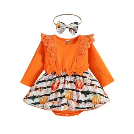 Infant Baby Girl Halloween Outfits Long Sleeve Lace Pumpkin Romper Dress and Bow Headband 2 Pcs Set
Infant Baby Girl Halloween Outfits Long Sleeve Lace Pumpkin Romper Dress and Bow Headband 2 Pcs Set