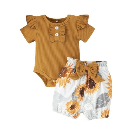 Baby Girl Clothes Set Ruffle Short Sleeve Romper Tops Floral Shorts Headband Infant Girls Outfits 3Pcs Sets Yellow 12-18M
Baby Girl Clothes Set Ruffle Short Sleeve Romper Tops Floral Shorts Headband Infant Girls Outfits 3Pcs Sets Yellow 12-18M
