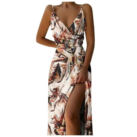 ZHUASHUM Women Print V-Neck Camisole Mid-Length Shift Dress