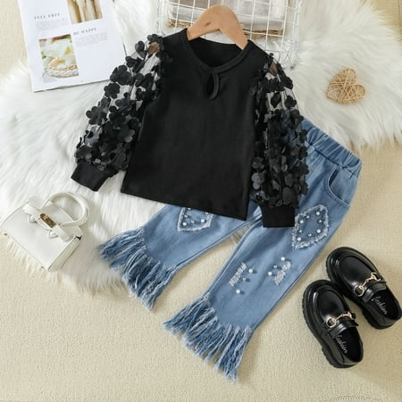 niuredltd toddler kids baby girls flower lace tulle sleeve t shirt tops crop denim jeans long pants 2pcs outfits clothes set
niuredltd toddler kids baby girls flower lace tulle sleeve t shirt tops crop denim jeans long pants 2pcs outfits clothes set