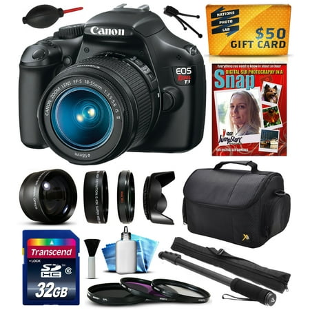 Canon EOS Rebel T3 Digital SLR Camera with EF-S 18-55mm f\/3.5-5.6 IS Lens with 32GB Memory + 2.2x + 0.43x Lens + Hood + UV-CPL-FL Filters + 67\
