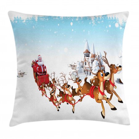 Santa Throw Pillow Cushion Cover, Christmas Ride on a Sleigh Cartoon Deer with Jingle Bells Winter Time, Decorative Square Accent Pillow Case, 24 X 24 Inches, Caramel Red Pale Blue, by Ambesonne
