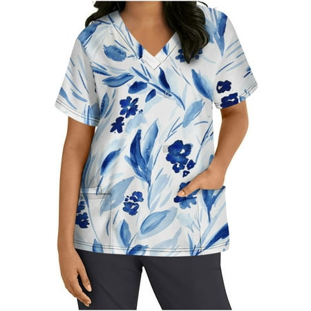 

JWZUY Scrubs Shirts for Women Scrubs Top with Pockets Short Sleeve Nursing Working Uniform Floral Printed Comfy Breathable Nurse Nursing Blouses Tee Shirts T-Shirts Tshirt Dark Blue M